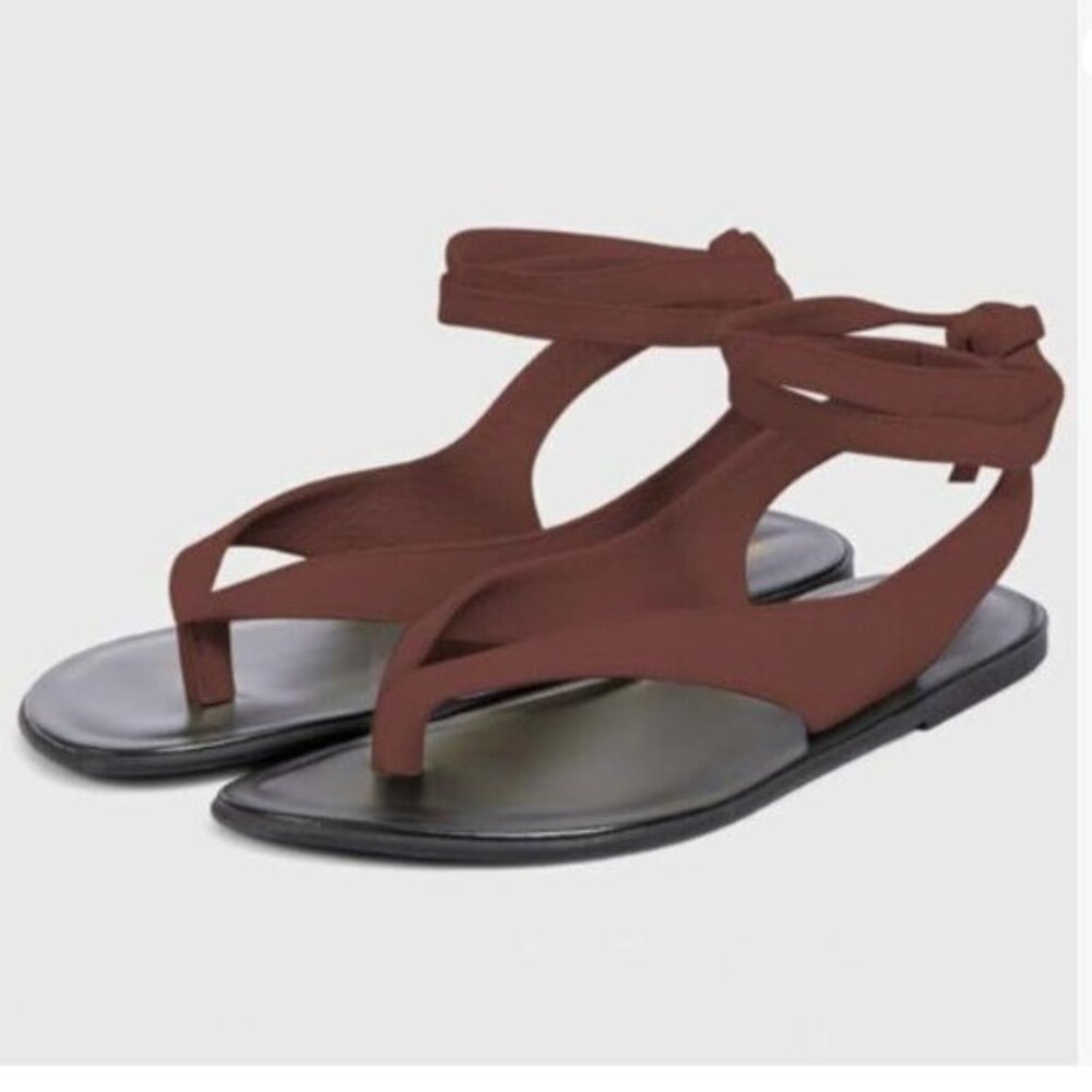 FOWT Wine Split Round Toe Sandals Lace up Strappy Soft Flip Flop Flats Shoes